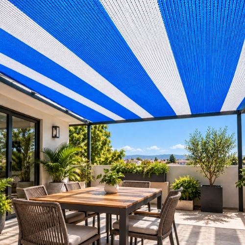 Malla Raschel Sombra Franjeada 80%  4,20x5m Azul/Blanco 1 rollo TREETOP